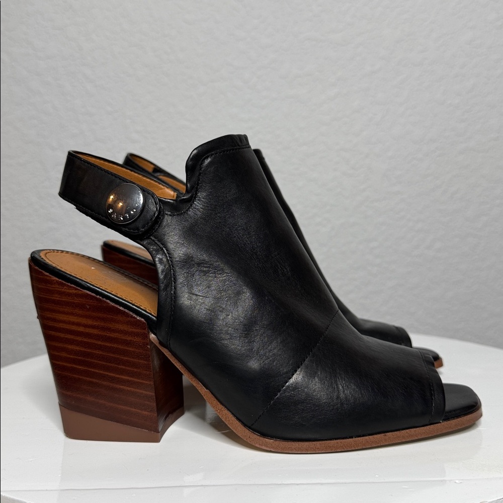 FRANCO SARTO ICELYNN BLACK LEATHER PEEP TOE BLOCK HEELED ANKLE STRAP BOOTIE - Picture 7 of 15